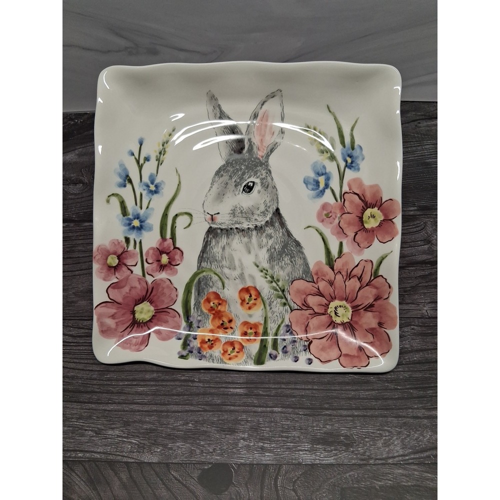 Floral Bunny Selfie Serving Platter 11" Gray Rabbit w/Multi Color Flowers Spring